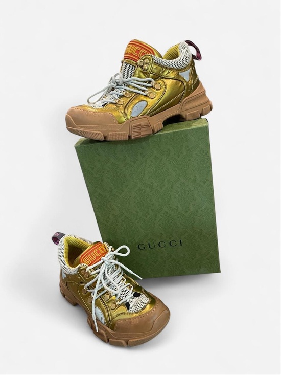 Gucci Shoes - Gucci Metallic Gold, White & Tan Mesh Athletic Sneakers